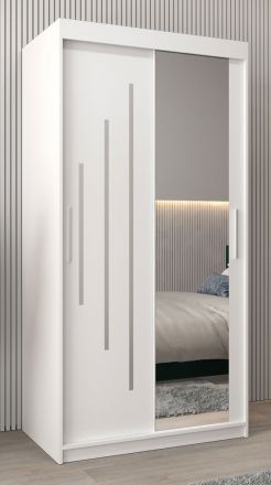 Schiebetürenschrank / Kleiderschrank mit Spiegel Tomlis 01B, Farbe: Weiß matt - Abmessungen: 200 x 100 x 62 cm (H x B x T)