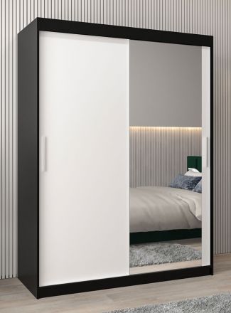 Schiebetürenschrank / Kleiderschrank Bisaurin 3C mit Spiegel, Farbe: Schwarz / Weiß matt - Abmessungen: 200 x 150 x 62 cm ( H x B x T)