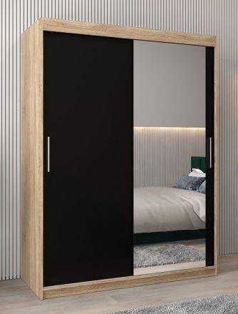 Schiebetürenschrank / Kleiderschrank Bisaurin 3C mit Spiegel, Farbe: Eiche Sonoma / Schwarz - Abmessungen: 200 x 150 x 62 cm ( H x B x T)