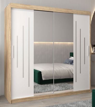 Schiebetürenschrank / Kleiderschrank mit Spiegel Tomlis 05A, Farbe: Eiche Sonoma / Weiß matt - Abmessungen: 200 x 200 x 62 cm (H x B x T)