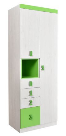 Kinderzimmer - Drehtürenschrank / Kleiderschrank Luis 11, Farbe: Eiche Weiß / Grün - 218 x 80 x 52 cm (H x B x T)