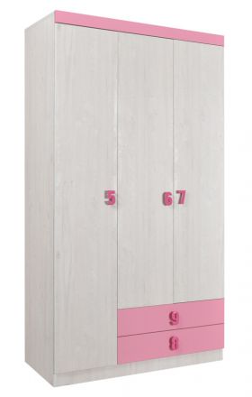 Kinderzimmer - Drehtürenschrank / Kleiderschrank Luis 21, Farbe: Eiche Weiß / Rosa - 218 x 120 x 52 cm (H x B x T)