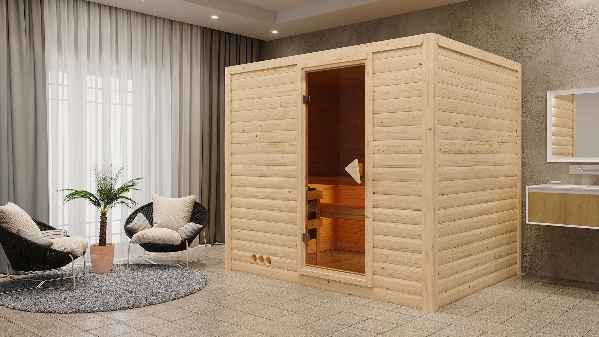 Sauna "Leja" SET mit bronzierter Tür & Ofen BIO 9 kW Edelstahl - 231 x 196 x 200 cm (B x T x H)