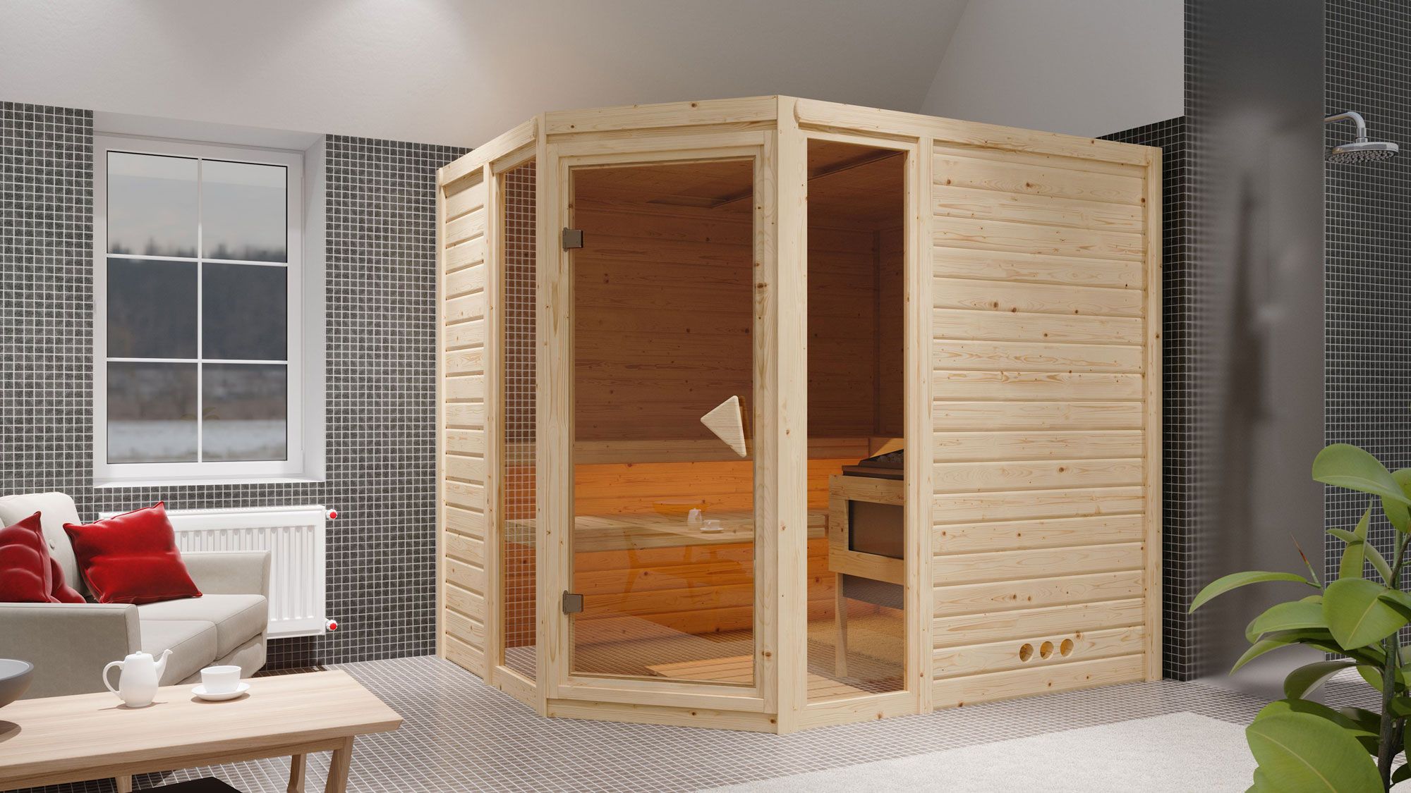 Sauna "Sunniva 3" SET mit bronzierter Tür & Ofen BIO 9 kW Edelstahl - 236 x 184 x 209 cm (B x T x H)