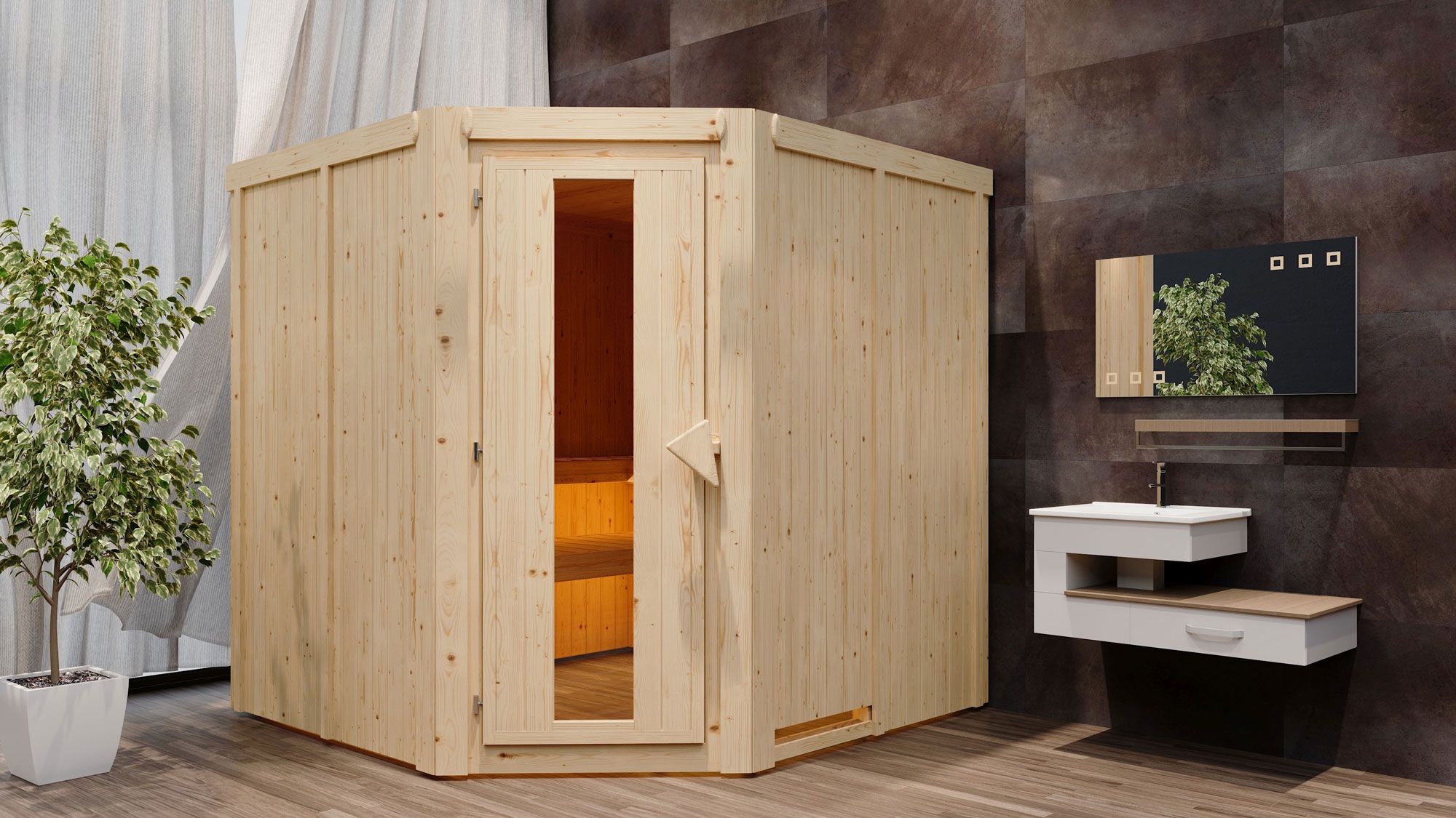 Sauna "Nooa" SET mit Energiespartür - Farbe: Natur, Ofen 9 kW - 196 x 196 x 198 cm (B x T x H)