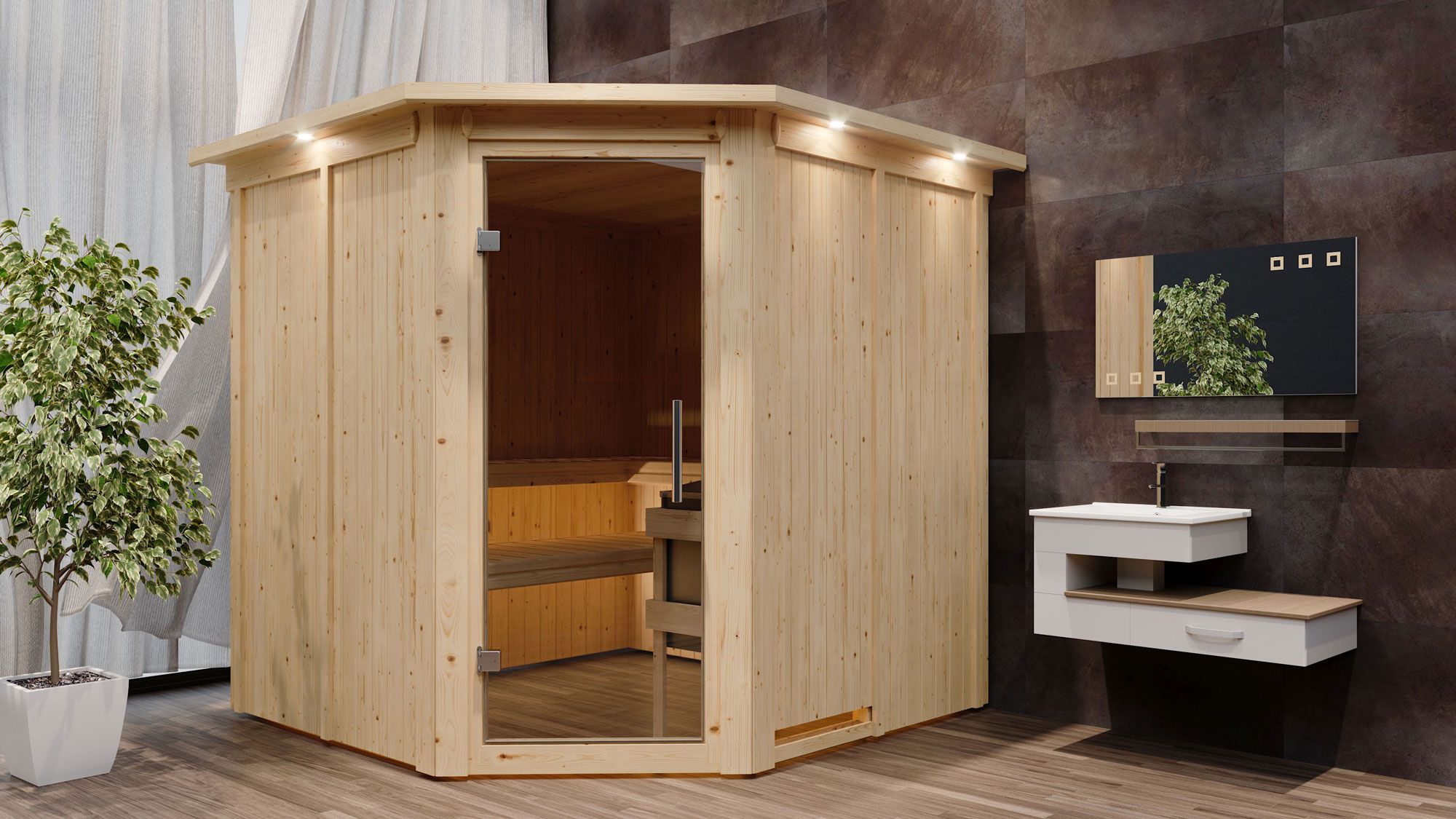 Sauna "Nooa" SET mit Kranz und graphitfarbener Tür - Farbe: Natur, Ofen BIO 9 kW - 210 x 210 x 202 cm (B x T x H)