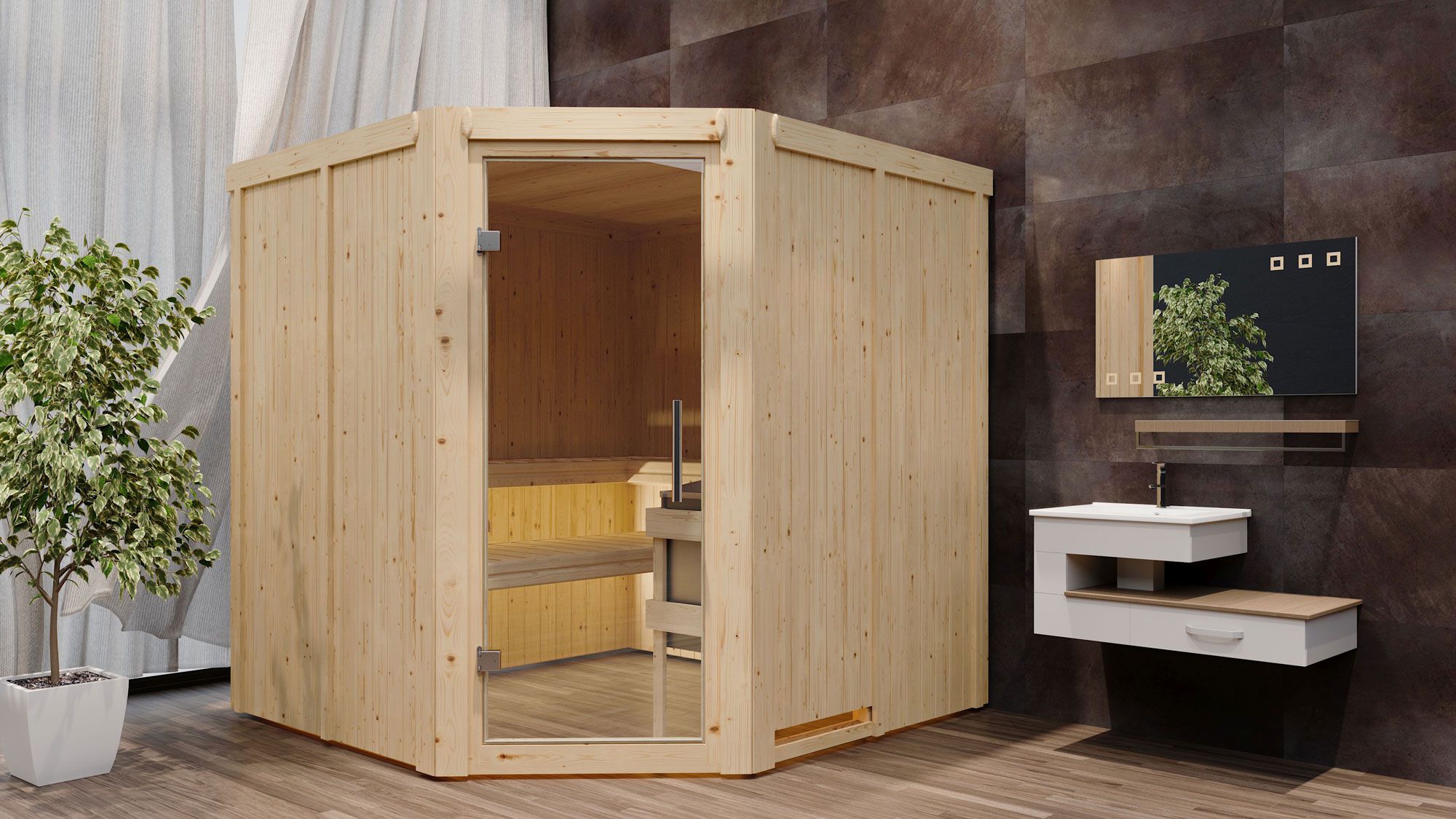 Sauna "Nooa" SET mit Klarglastür - Farbe: Natur, Ofen 9 kW - 196 x 196 x 198 cm (B x T x H)