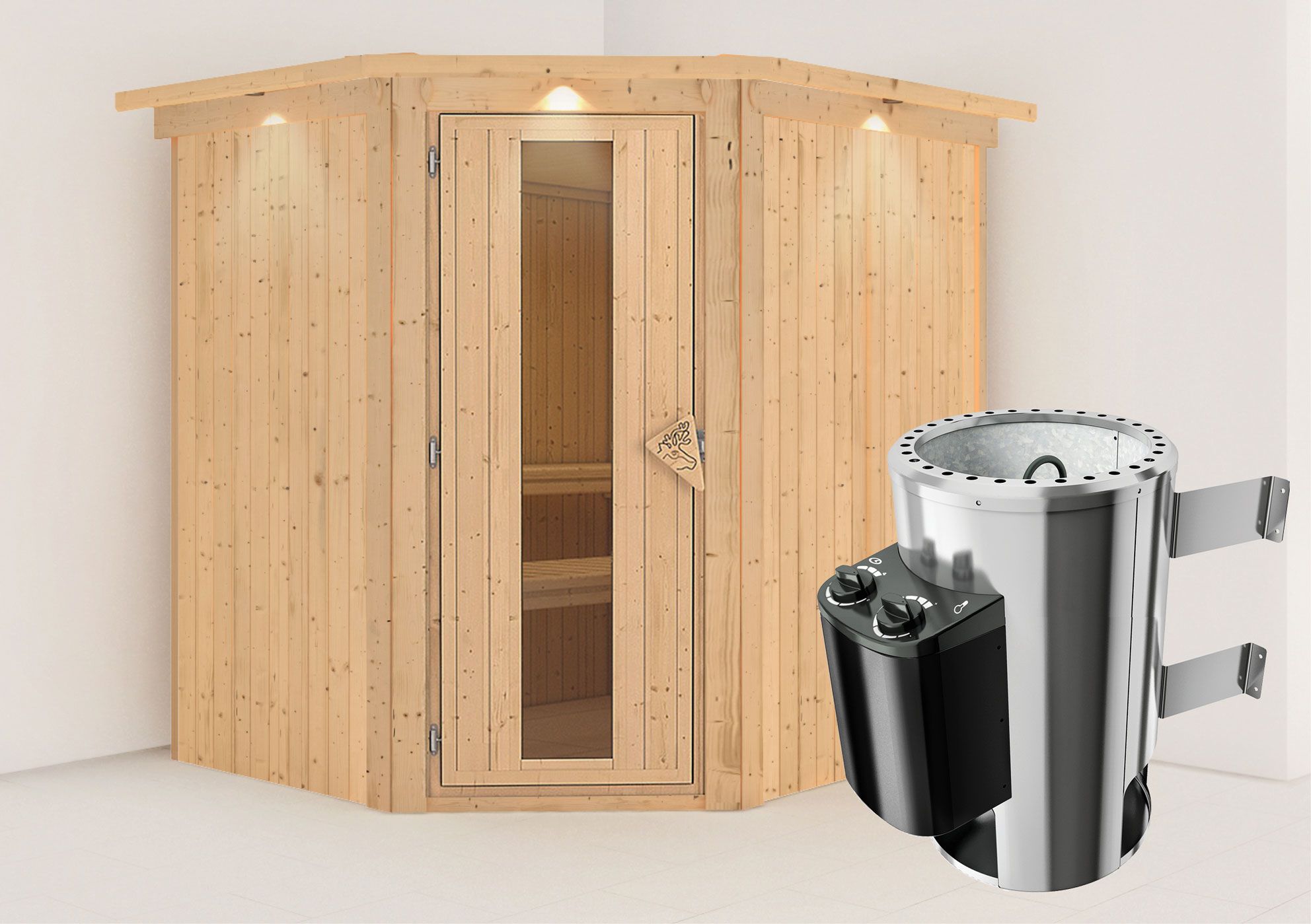 Sauna "Askjell" SET mit Energiespartür, Kranz und Ofen 3,6 kW - 210 x 184 x 202 cm (B x T x H)