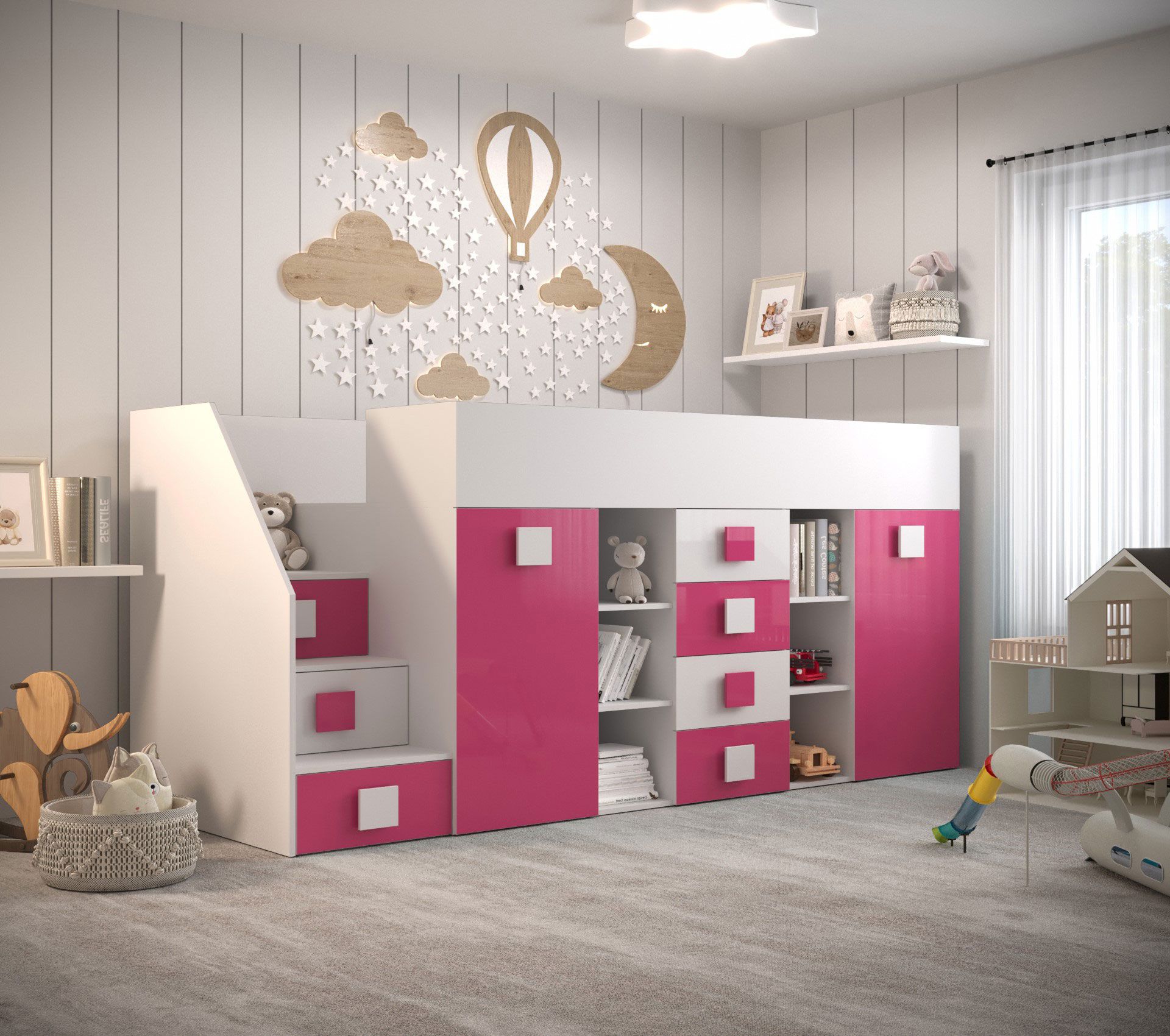 Funktionsbett / Kinderbett / Hochbett-Kombination, Treppe: Links, Jura 71, Farbe: Weiß / Pink - Abmessungen: 123 x 248,5 x 93 cm (H x B x T)
