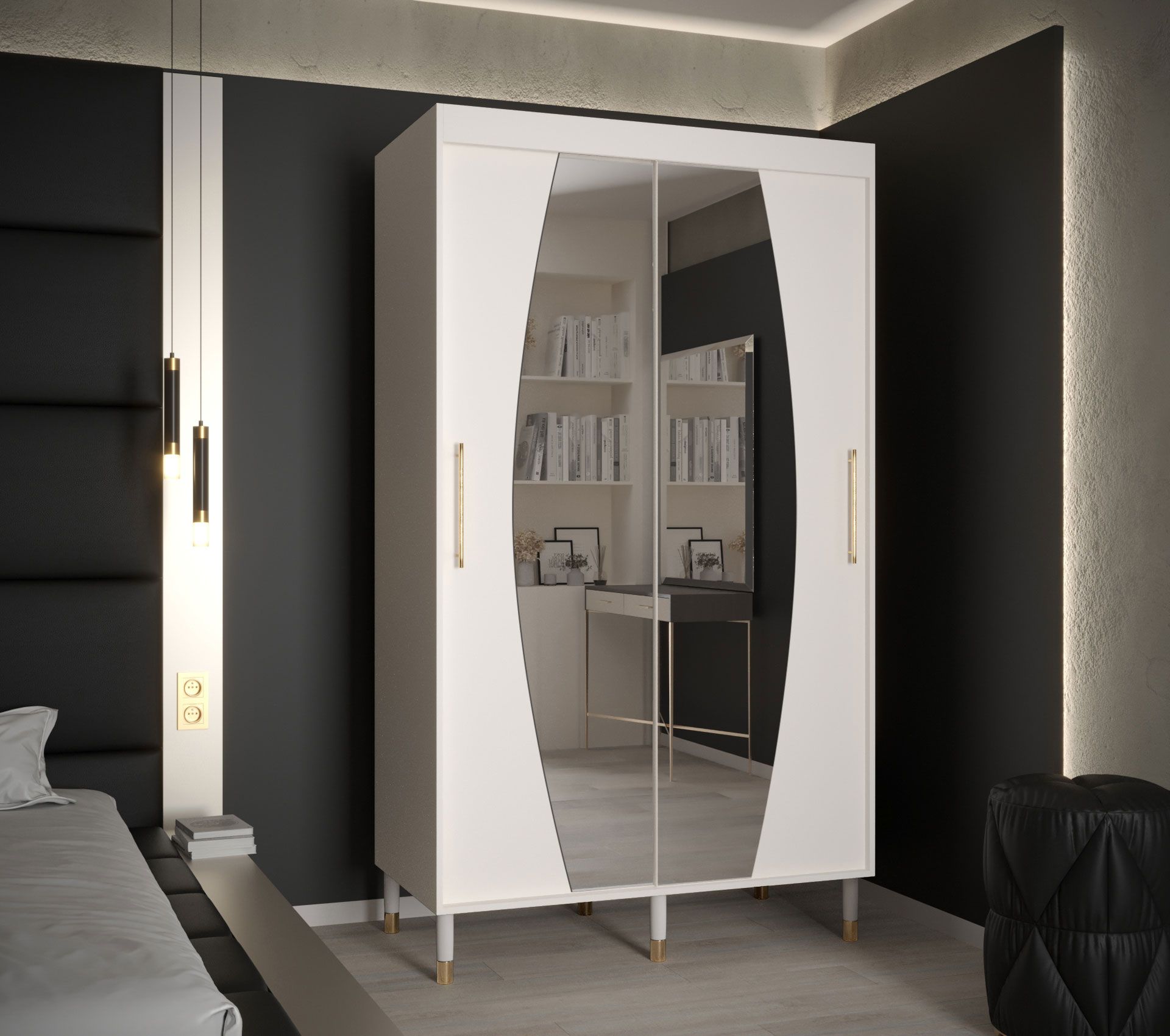 Stylischer Kleiderschrank mit Spiegel Jotunheimen 171, Farbe: Weiß - Abmessungen: 208 x 120,5 x 62 cm (H x B x T)