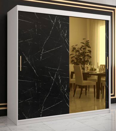 Eleganter Kleiderschrank Hochfeiler 65, Farbe: Weiß / Schwarzer Marmor - Abmessungen: 200 x 200 x 62 cm (H x B x T), mit 10 Fächern