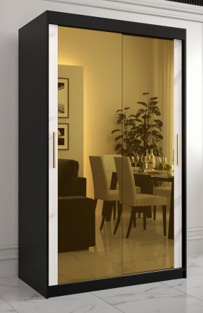 Moderner Kleiderschrank mit zwei Spiegeltüren Hochfeiler 78, Farbe: Schwarz / Weißer Marmor - Abmessungen: 200 x 120 x 62 cm (H x B x T), mit fünf Fächern