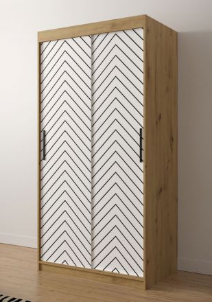 Moderner Kleiderschrank Mulhacen 38, Farbe: Eiche Artisan / Weiß matt / Schwarz matt - Abmessungen: 200 x 100 x 62 cm (H x B x T), mit fünf Fächern