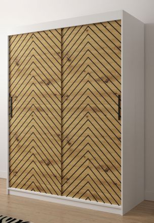 Eleganter Kleiderschrank Mulhacen 51, Farbe: Weiß matt / Eiche Artisan / Schwarz matt  - Abmessungen: 200 x 150 x 62 cm (H x B x T), mit genügend Stauraum