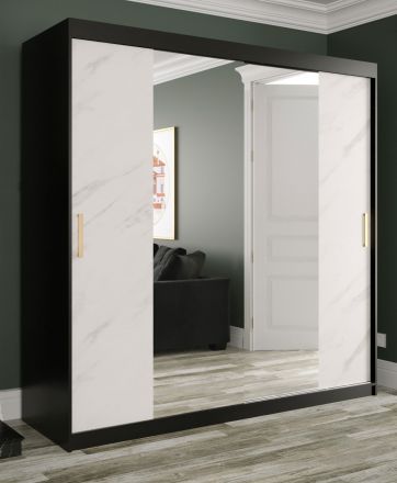 Stylischer Kleiderschrank Ätna 66, Farbe: Schwarz matt / Weißer Marmor - Abmessungen: 200 x 200 x 62 cm (H x B x T), mit Spiegel