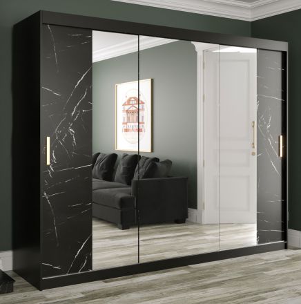 Kleiderschrank mit einer Spiegeltür Ätna 93, Farbe: Schwarz matt / Schwarzer Marmor - Abmessungen: 200 x 250 x 62 cm (H x B x T), mit genügend Stauraum