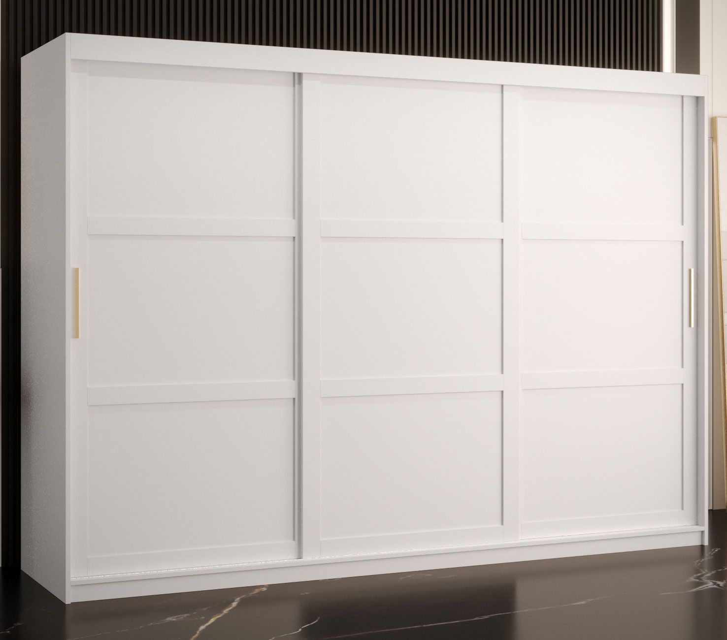 Edler Kleiderschrank mit drei Türen Liskamm 21, Farbe: Weiß matt - Abmessungen: 200 x 250 x 62 cm (H x B x T), mit 10 Fächern und zwei Kleiderstangen