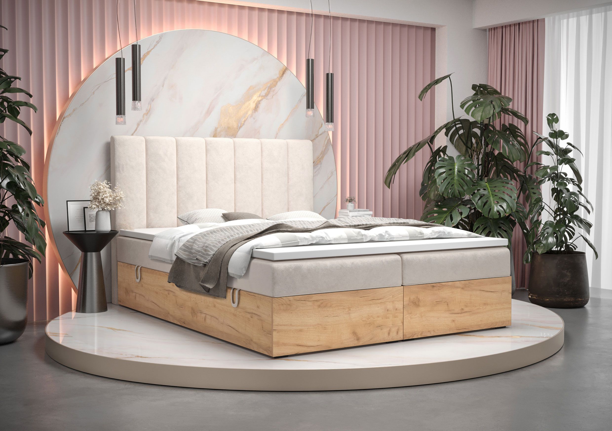 Modernes Einzelbett Pilio 01, Farbe: Beige / Eiche Golden Craft - Liegefläche: 140 x 200 cm (B x L), mit Stauraum
