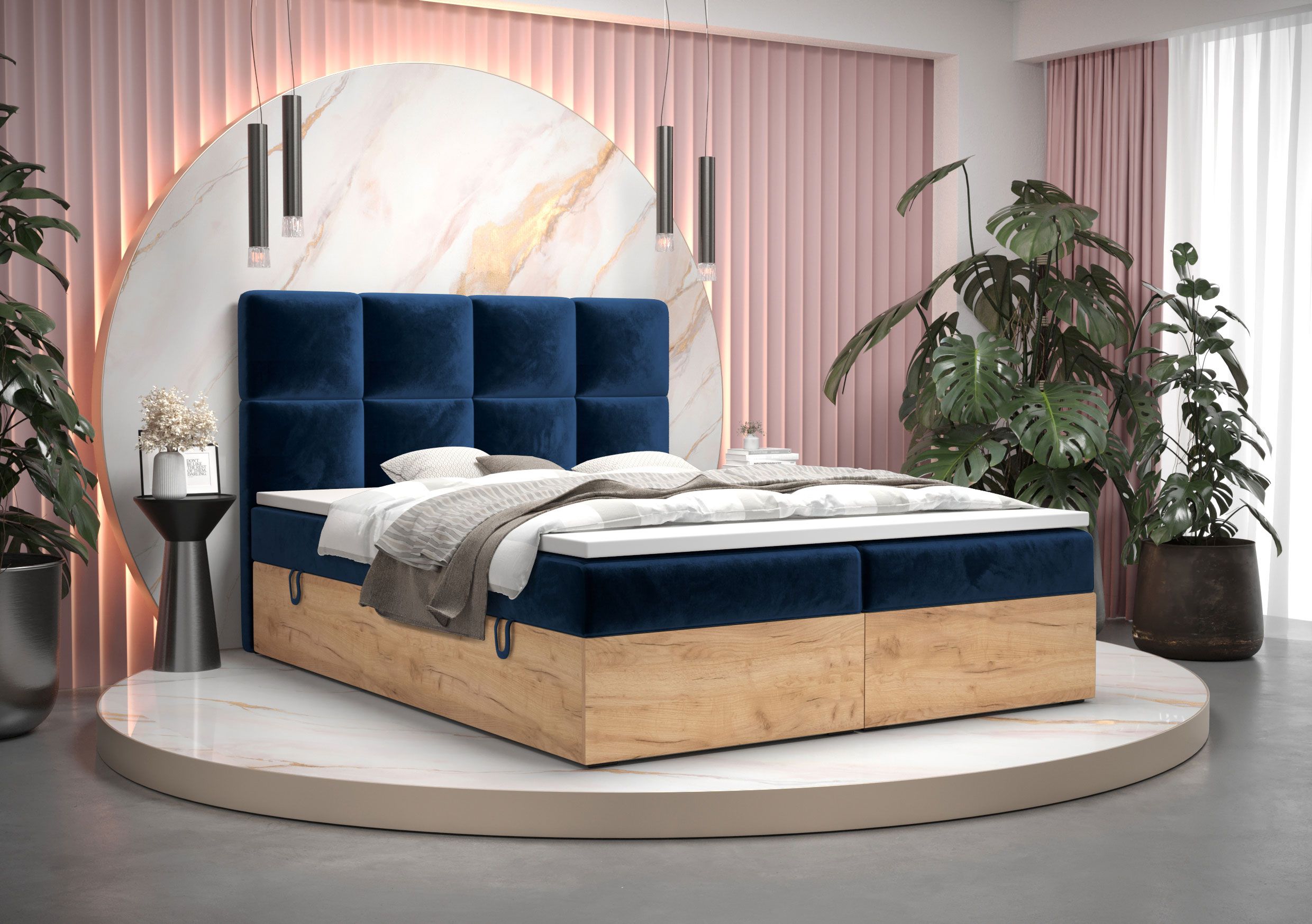Elegantes Einzelbett mit weichen Veloursstoff Pilio 50, Farbe: Blau / Eiche Golden Craft - Liegefläche: 140 x 200 cm (B x L)