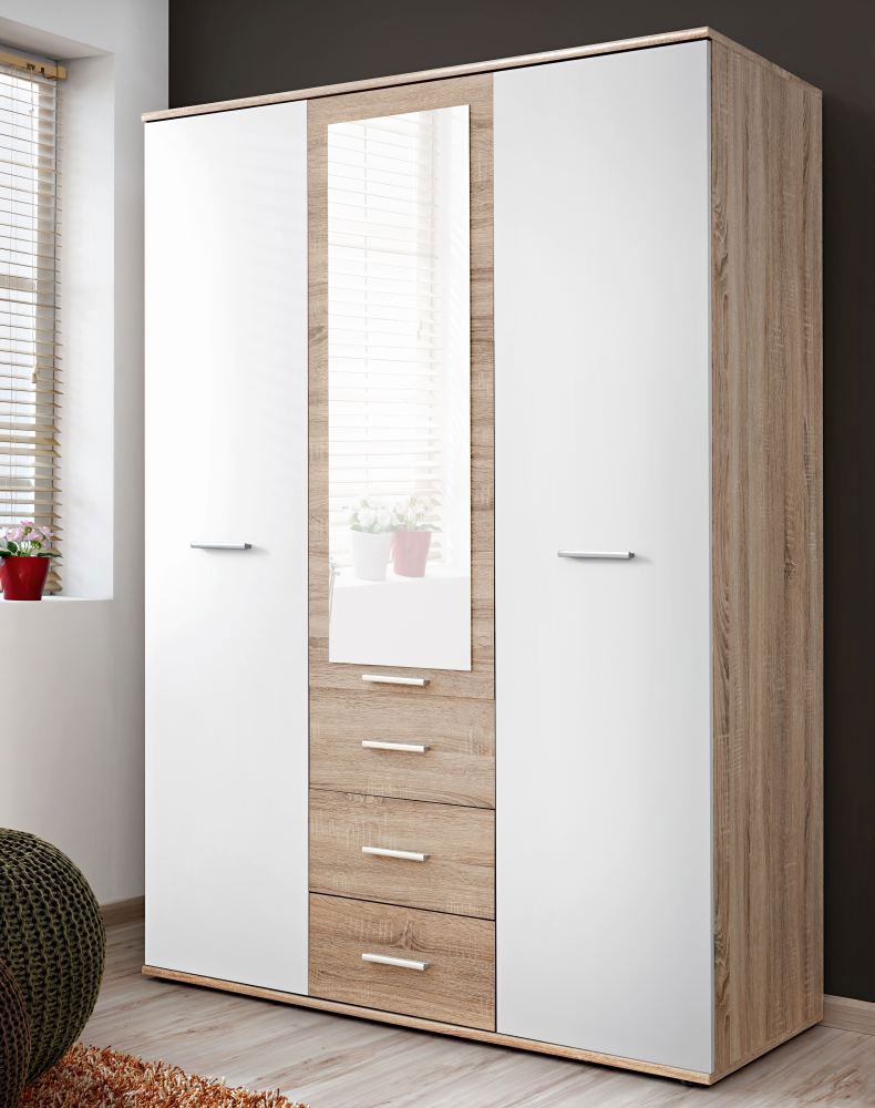 Kleiderschrank mit Spiegel Velle 07, Farbe: Eiche Sonoma / Weiß - Abmessungen: 191 x 135 x 55 cm (H x B x T), mit drei Schubladen
