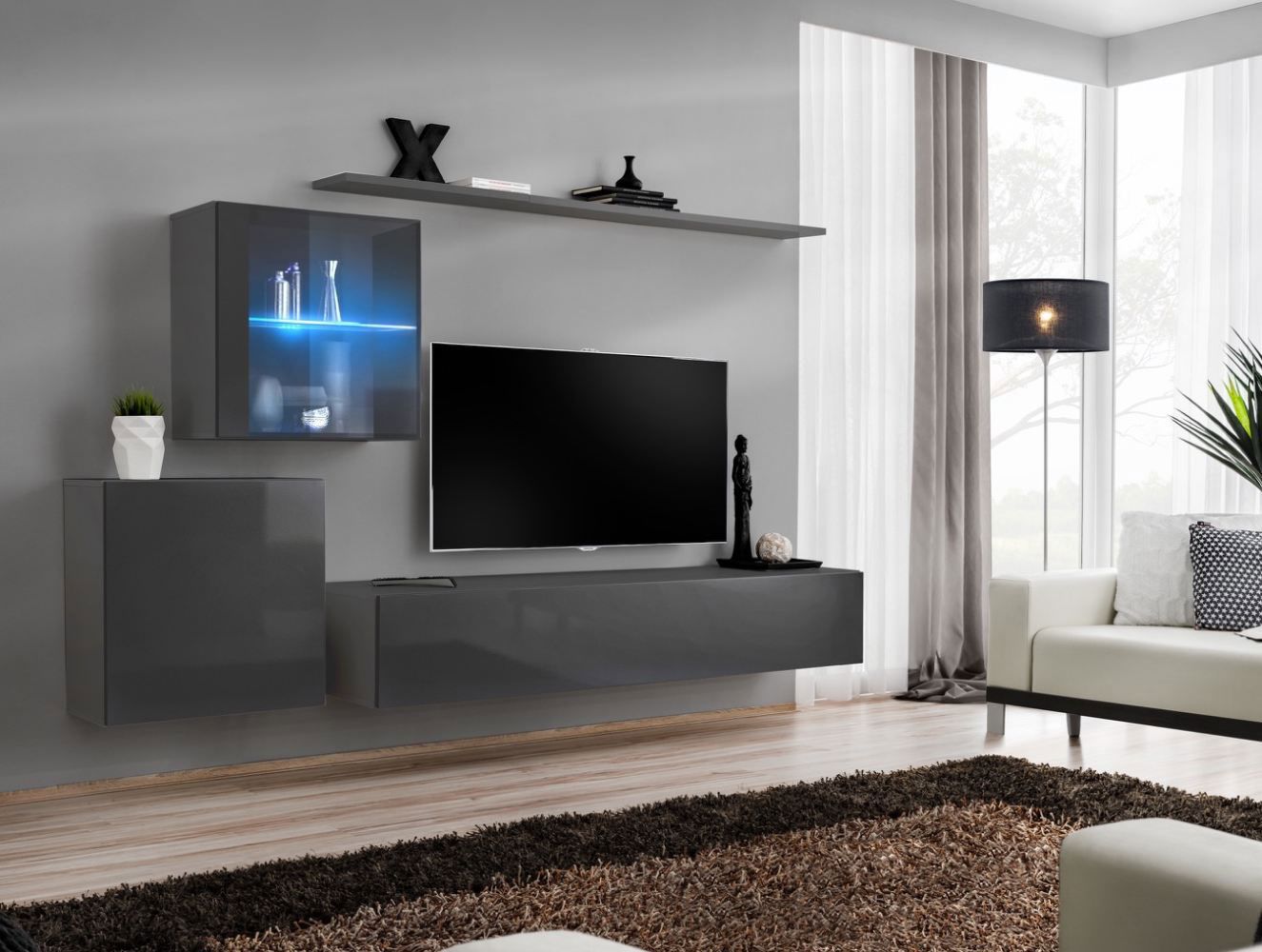 Moderne Wohnwand Balestrand 227, Farbe: Grau - Abmessungen: 150 x 250 x 40 cm (H x B x T), mit LED-Beleuchtung