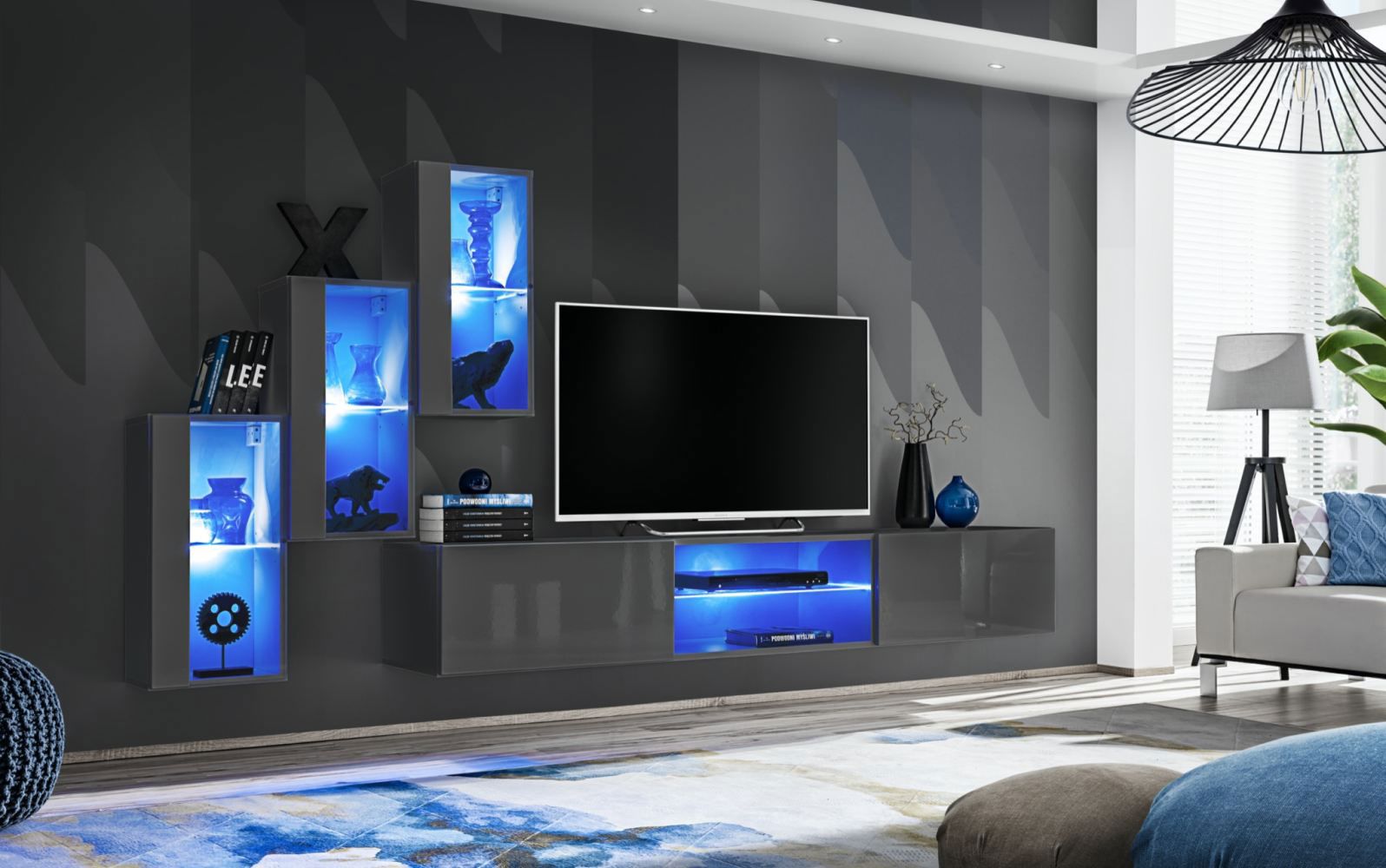 Wohnwand mit genügend Stauraum Volleberg 19, Farbe: Grau - Abmessungen: 120 x 210 x 40 cm (H x B x T), mit blauer LED-Beleuchtung