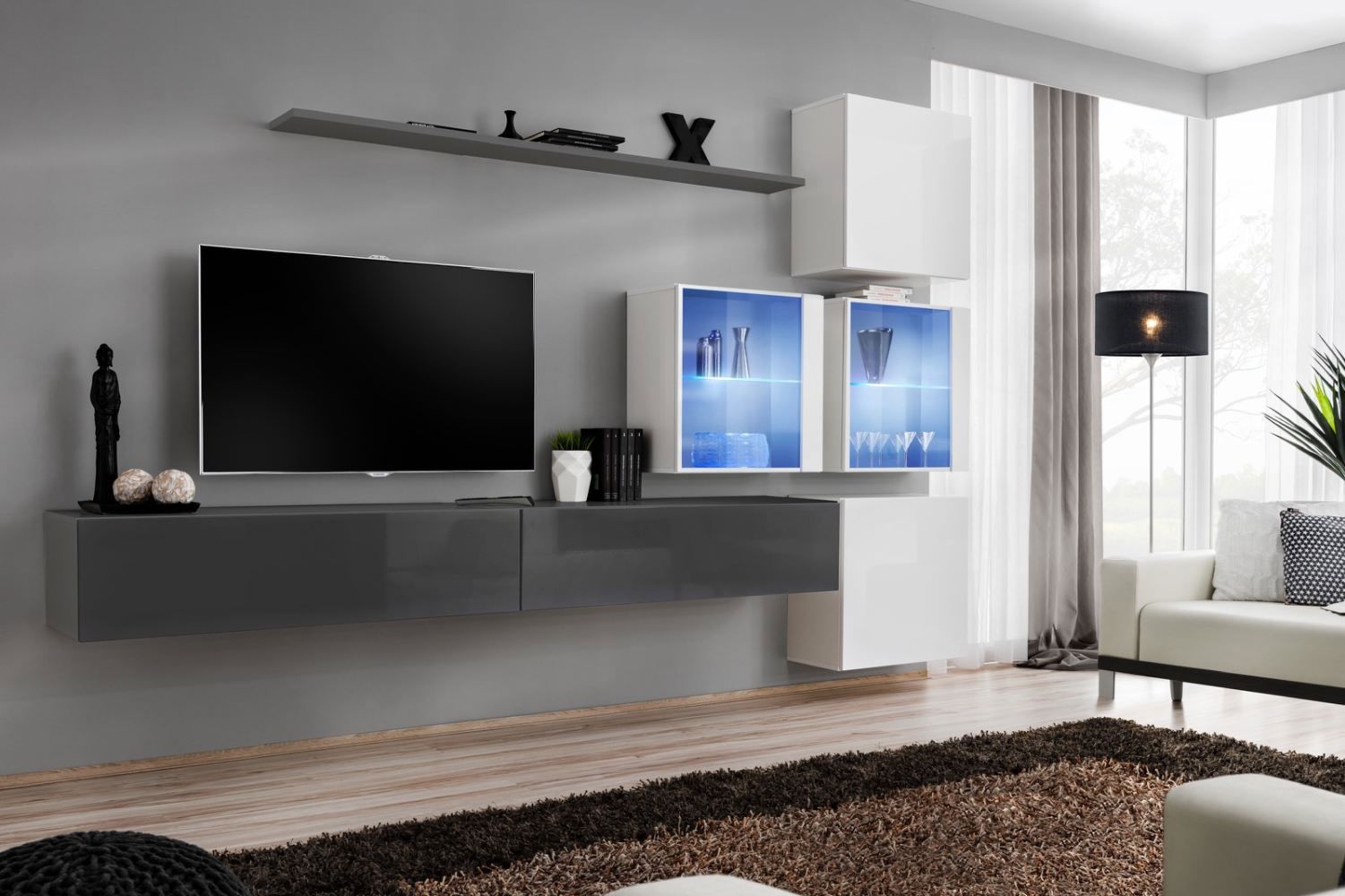 Stylische Wohnwand Balestrand 296, Farbe: Grau / Weiß - Abmessungen: 200 x 310 x 40 cm (H x B x T), mit LED-Beleuchtung
