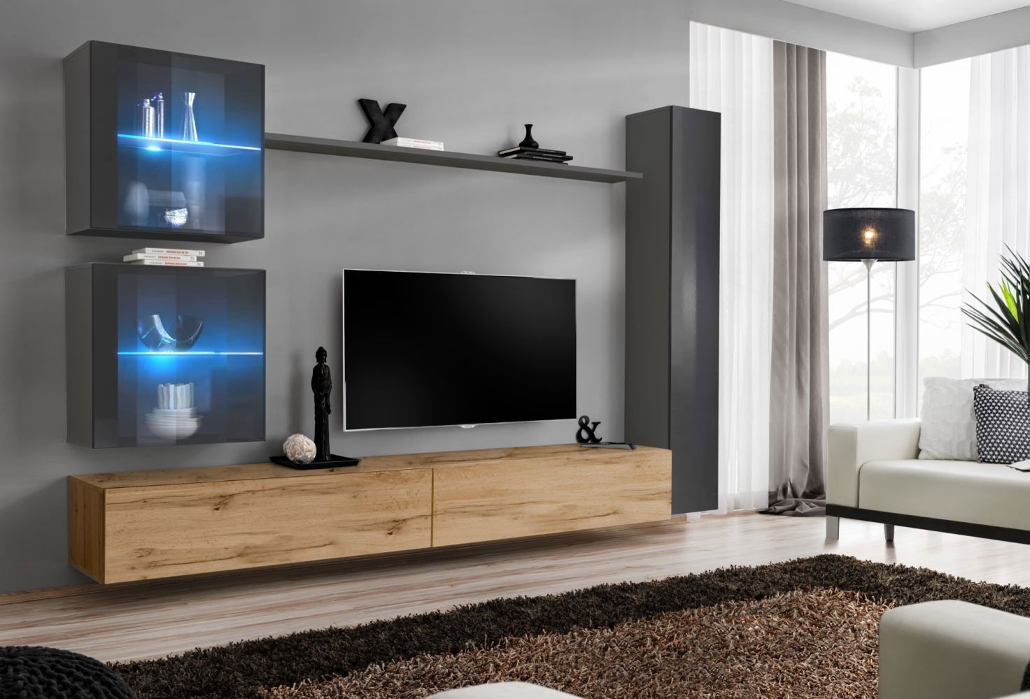 Wohnwand mit zwei TV-Unterschränke Balestrand 288, Farbe: Grau / Eiche Wotan - Abmessungen: 180 x 280 x 40 cm (H x B x T), mit Push-to-open Funktion