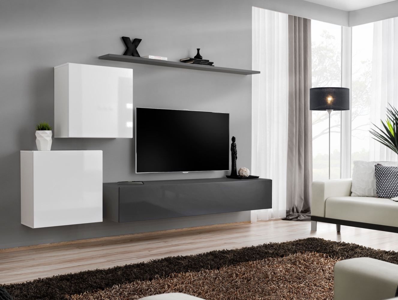 Moderne Wohnwand Balestrand 71, Farbe: Weiß / Grau - Abmessungen: 150 x 250 x 40 cm (H x B x T), mit sieben Fächern