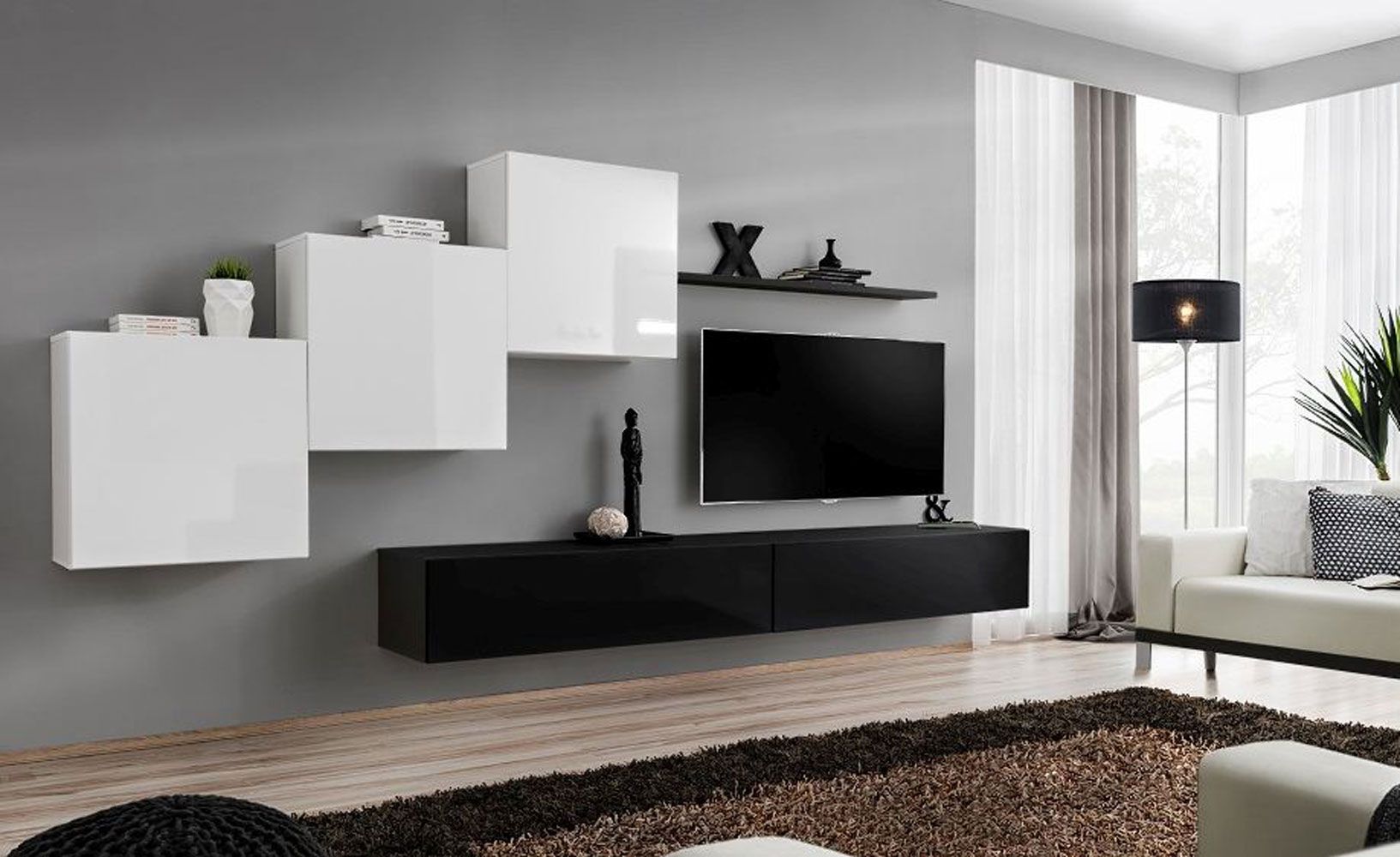 Wohnwand Balestrand 149, Farbe: Weiß / Schwarz - Abmessungen: 150 x 330 x 40 cm (H x B x T), mit fünf Türen
