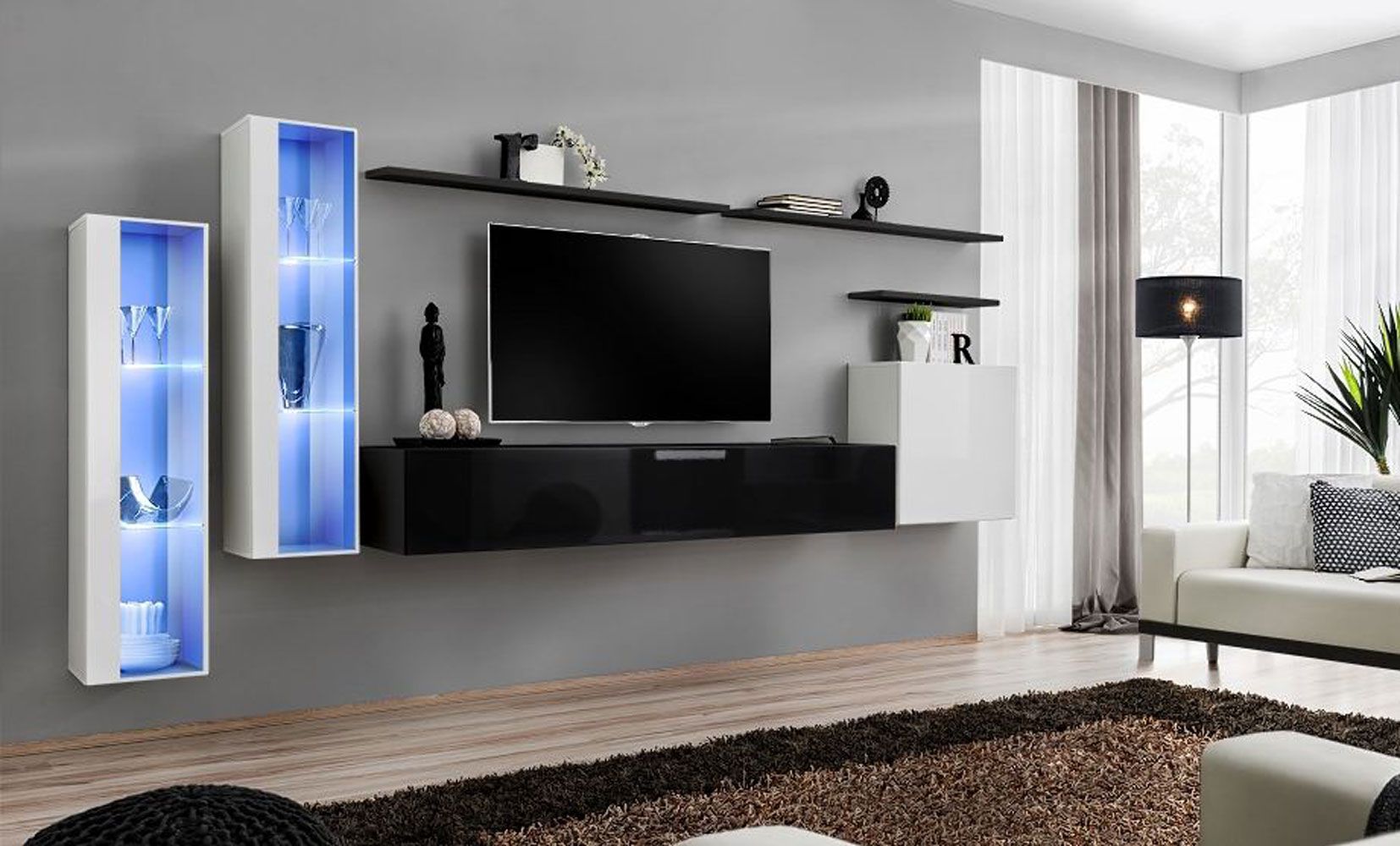 Moderne Wohnwand Balestrand 165, Farbe: Weiß / Schwarz - Abmessungen: 160 x 330 x 40 cm (H x B x T), mit LED-Beleuchtung