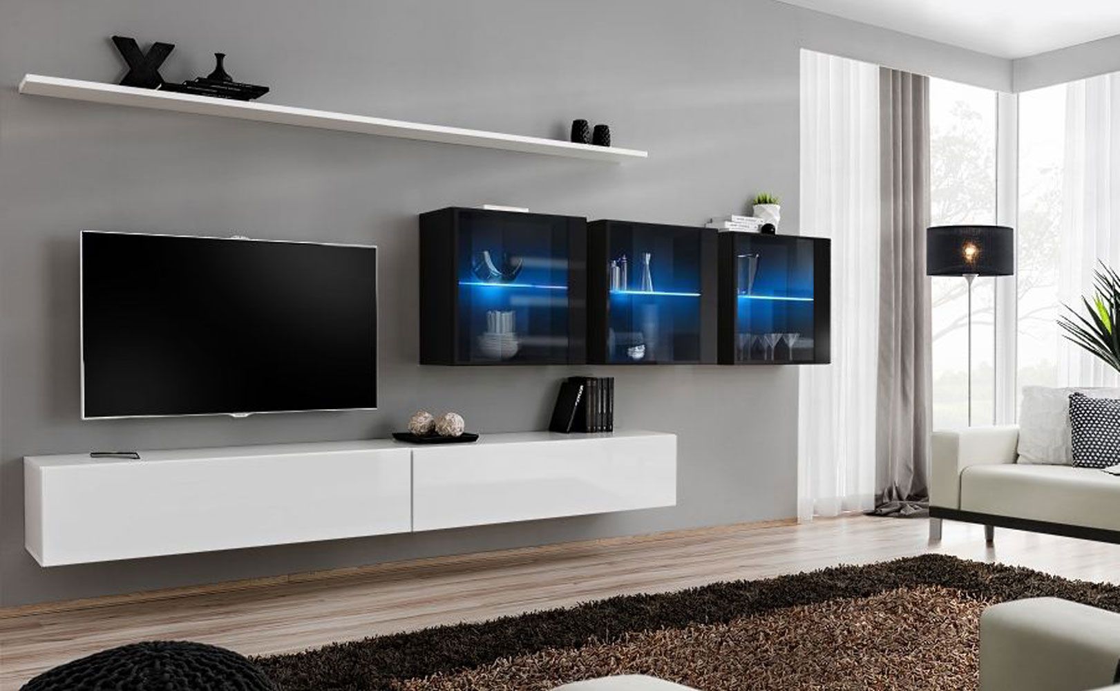 Wohnwand im modernen Design Balestrand 261, Farbe: Weiß / Schwarz - Abmessungen: 150 x 340 x 40 cm (H x B x T), mit LED-Beleuchtung