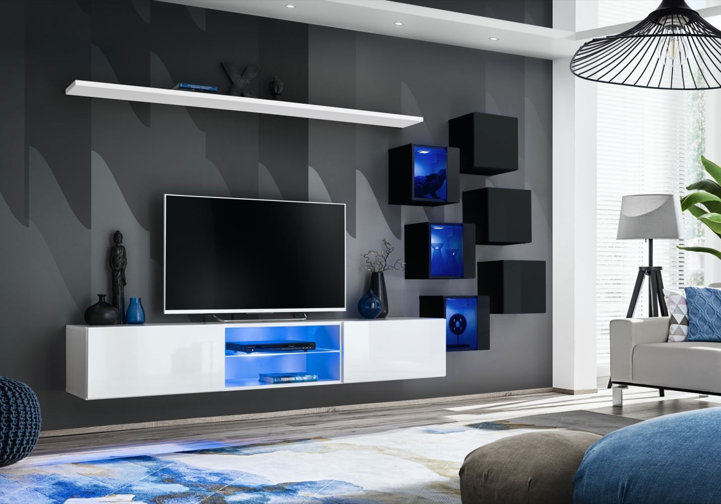 Stylische Wohnwand mit LED-Beleuchtung Volleberg 05, Farbe: Weiß / Schwarz - Abmessungen: 140 x 260 x 40 cm (H x B x T), mit Push-to-open Funktion