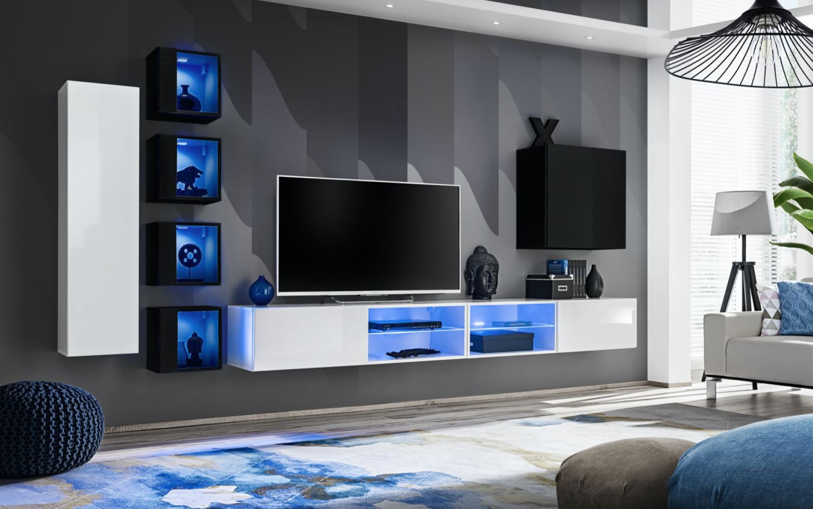 Wohnwand mit acht Türen Volleberg 85, Farbe: Weiß / Schwarz - Abmessungen: 150 x 280 x 40 cm (H x B x T), mit blauer LED-Beleuchtung