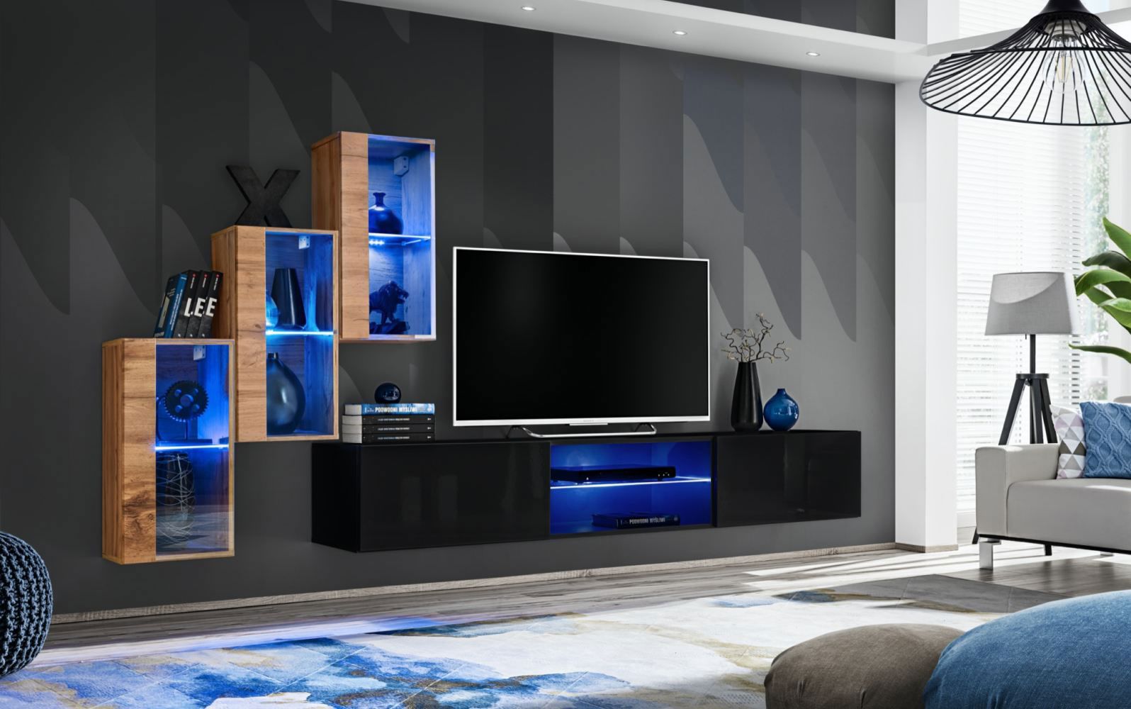 Wohnwand im eleganten Design Volleberg 29, Farbe: Eiche Wotan / Schwarz - Abmessungen: 120 x 210 x 40 cm (H x B x T), mit blauer LED-Beleuchtung