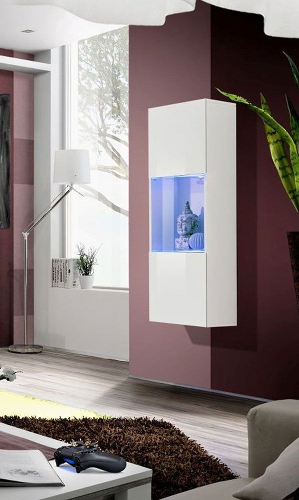 Hängevitrine mit modernen Design Raudberg 30, Farbe: Weiß - Abmessungen: 126 x 40 x 29 cm (H x B x T), mit LED-Beleuchtung
