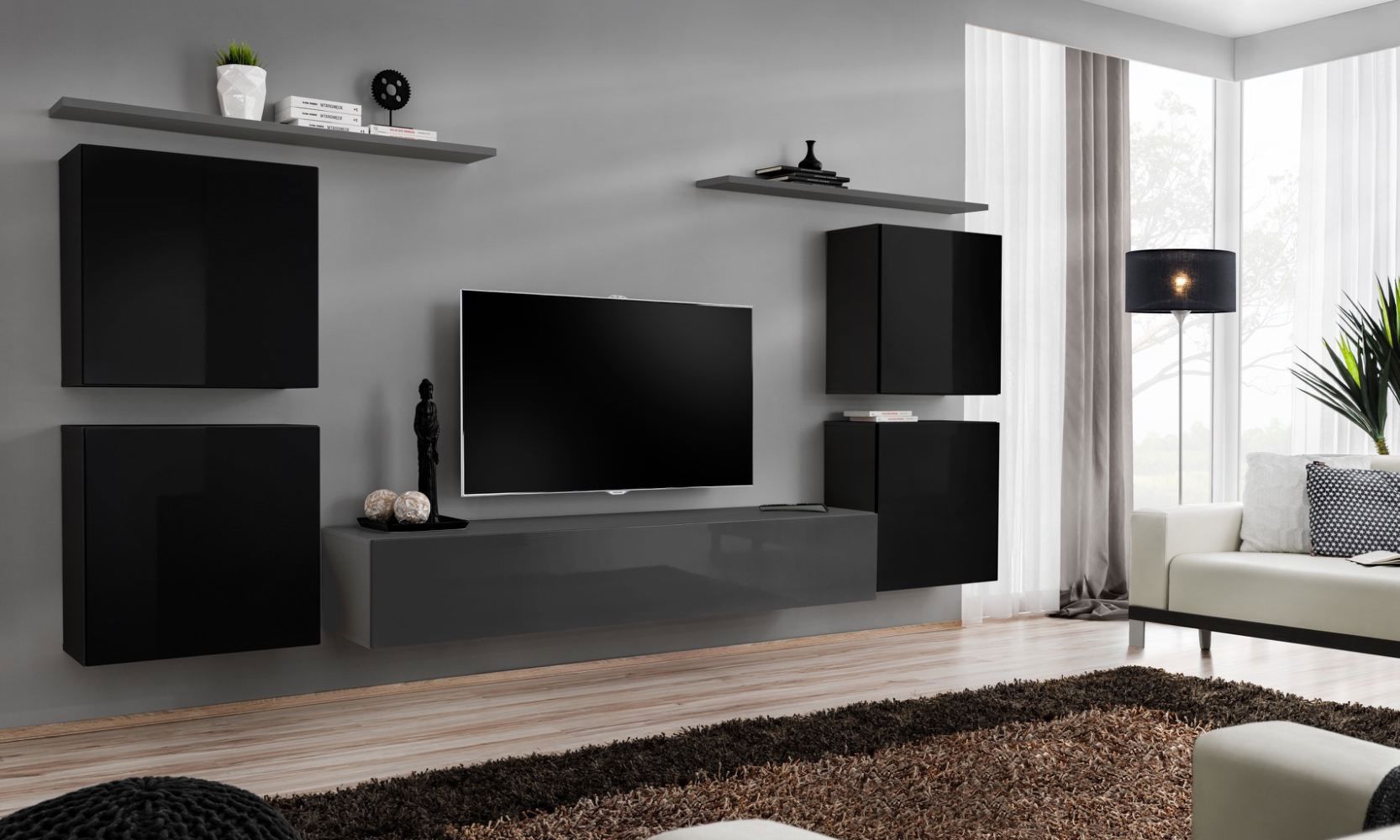 Wohnwand in außergewöhnlichen Design Balestrand 58, Farbe: Schwarz / Grau - Abmessungen: 150 x 320 x 40 cm (H x B x T), mit fünf Türen