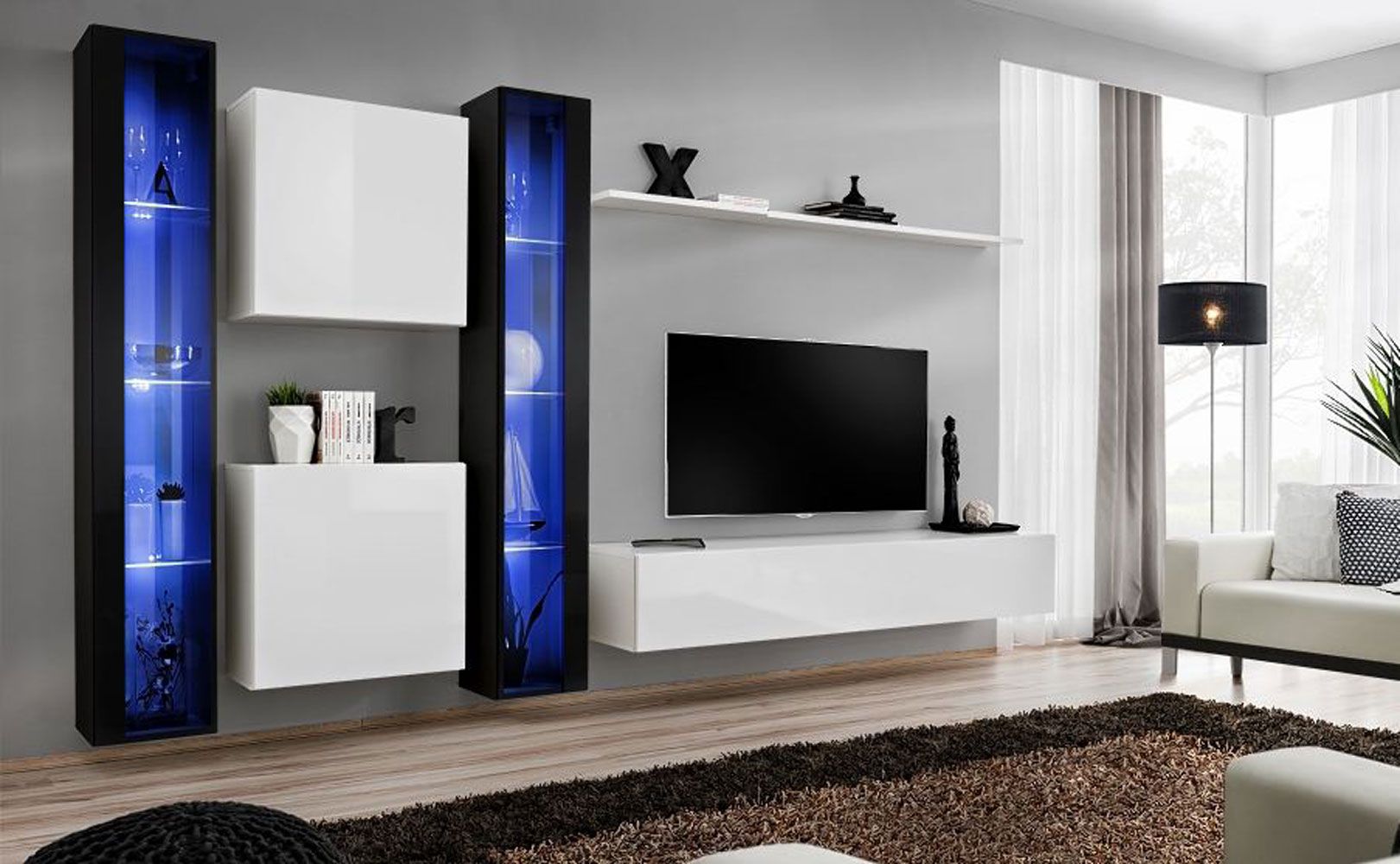 Wohnwand im außergewöhnlichen Design Balestrand 246, Farbe: Schwarz / Weiß - Abmessungen: 180 x 330 x 40 cm (H x B x T), mit LED-Beleuchtung