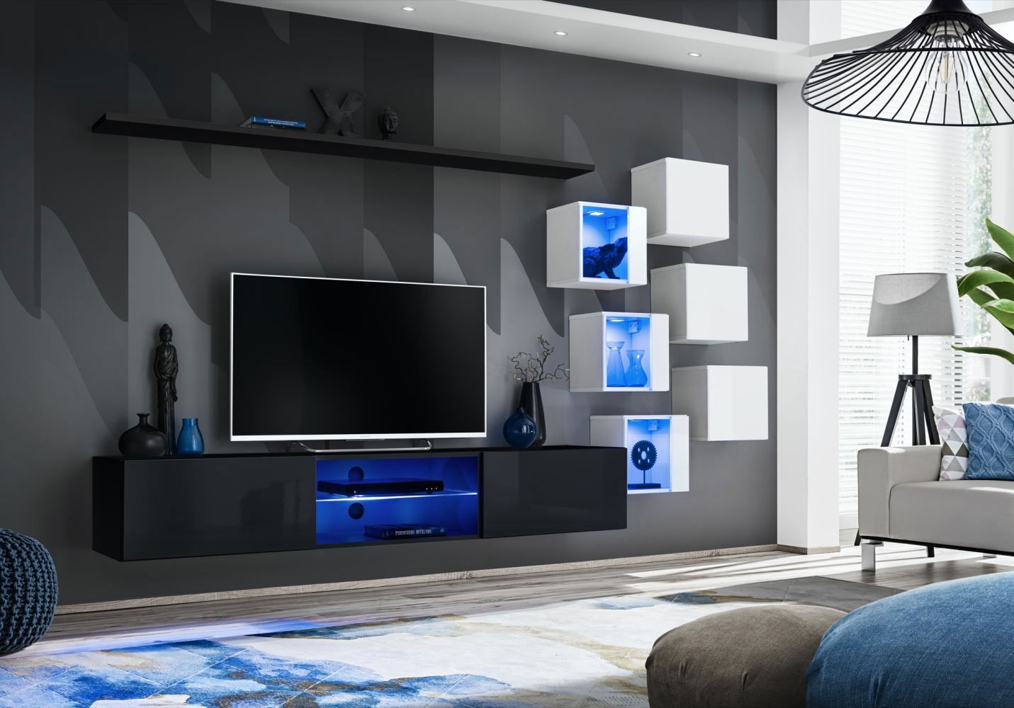 Moderne Wohnwand mit Push-to-open Funktion Volleberg 06, Farbe: Schwarz / Weiß - Abmessungen: 140 x 260 x 40 cm (H x B x T), mit blauer LED-Beleuchtung