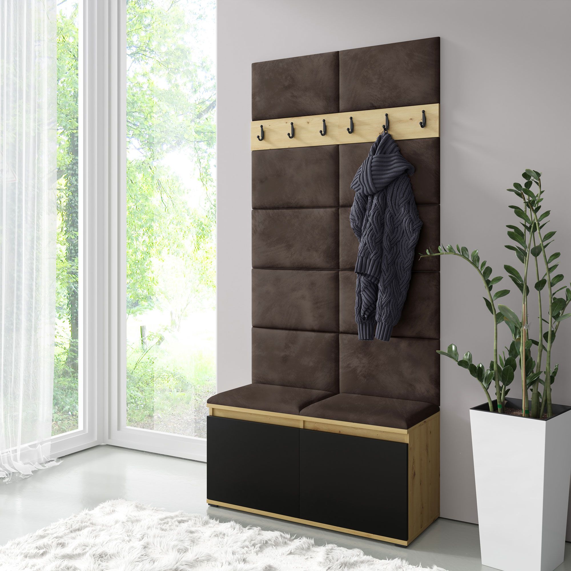 Garderobe 01 mit gepolsterter Sitzbank und Wand | Artisan/Schwarz/Dark Brown | 215 x 100 x 40 cm | für 8 Paar Schuhe | 6 Kleiderhaken | 4 Fächer