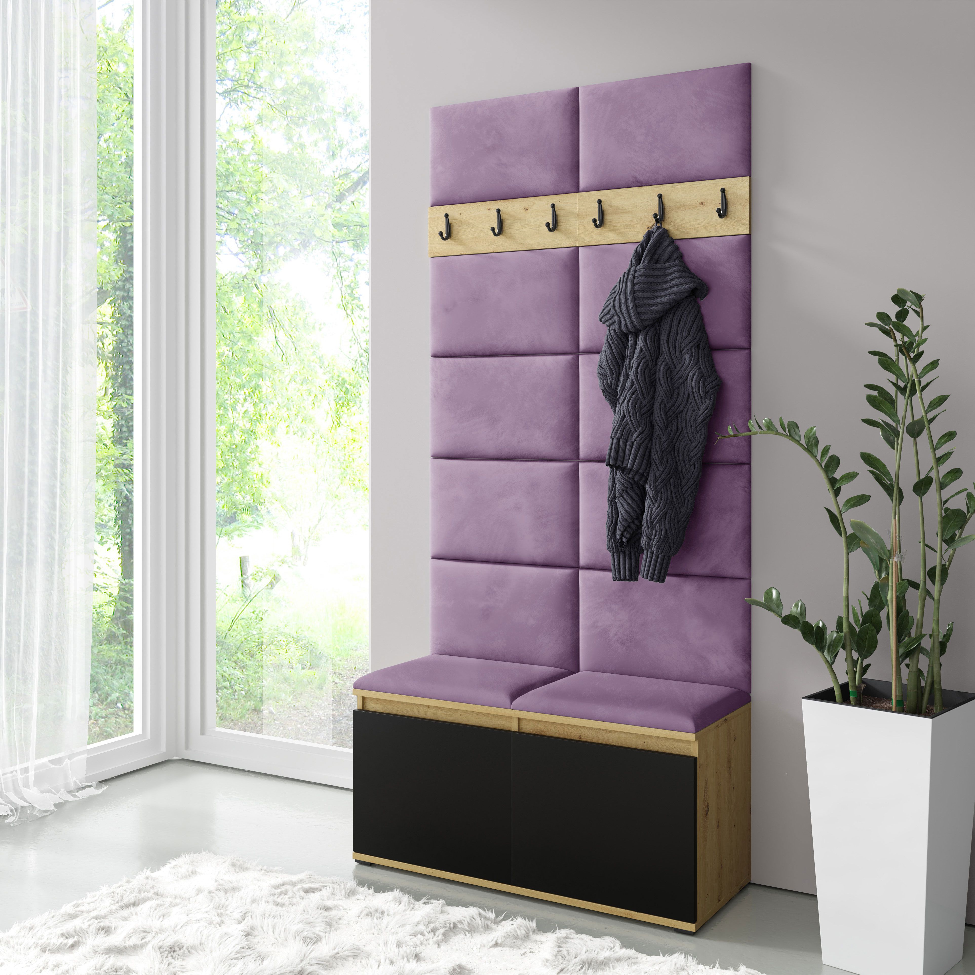 Schmale Garderobe 01 mit Sitzbank gepolstert | Artisan/Schwarz/Purple | 215 x 100 x 40 cm | für 8 Paar Schuhe | 6 Kleiderhaken | 4 Fächer | 2 Kipptüren