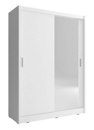 Schlichter Schwebetürenschrank mit Spiegel Warbreck 05, Farbe: Weiß - Abmessungen: 200 x 130 x 62 cm (H x B x T), mit fünf Fächern
