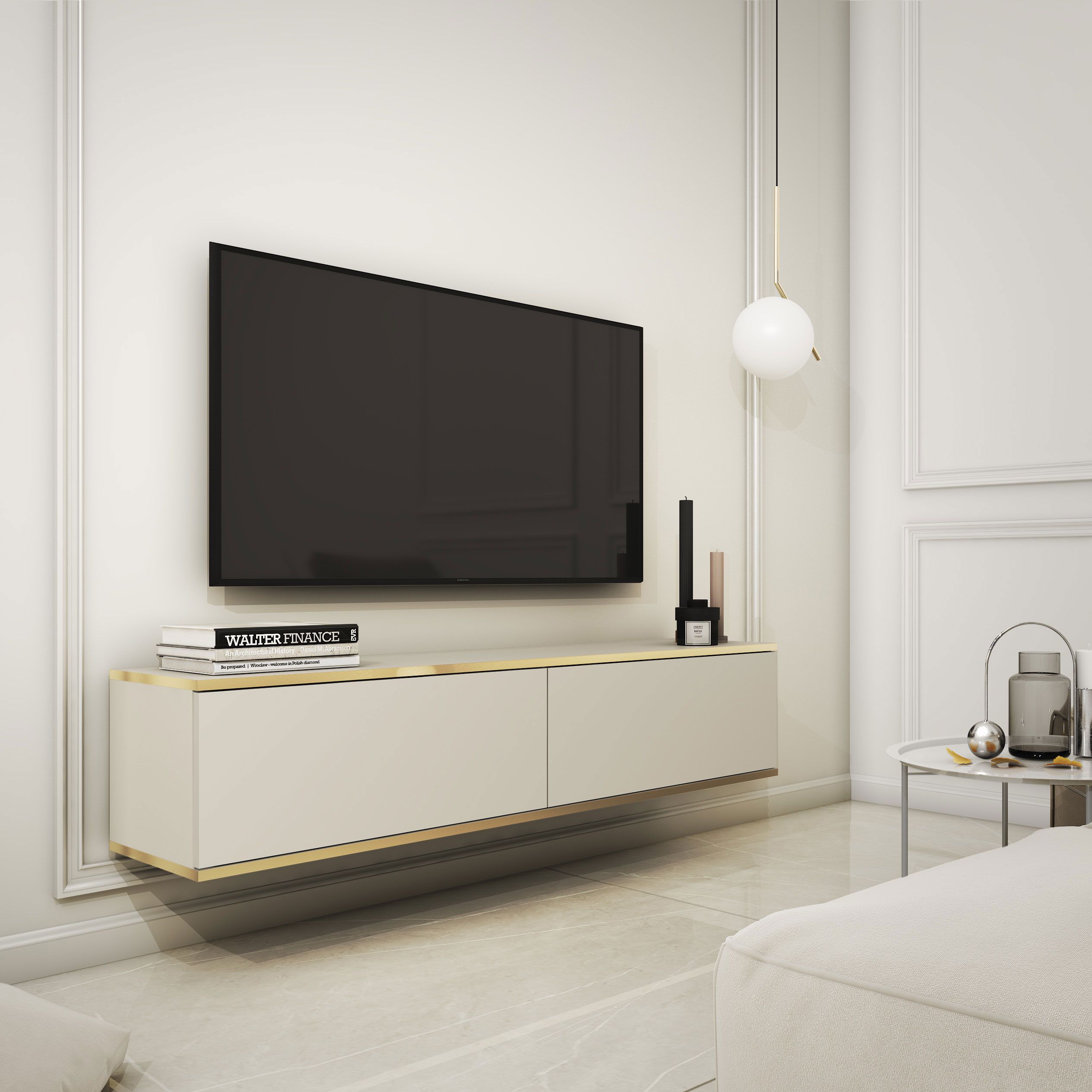 Schlichtes TV-Möbel mit Push-to-open Funktion Horsham 12, Farbe: Beige - Abmessungen: 30 x 135 x 32 cm (H x B x T)