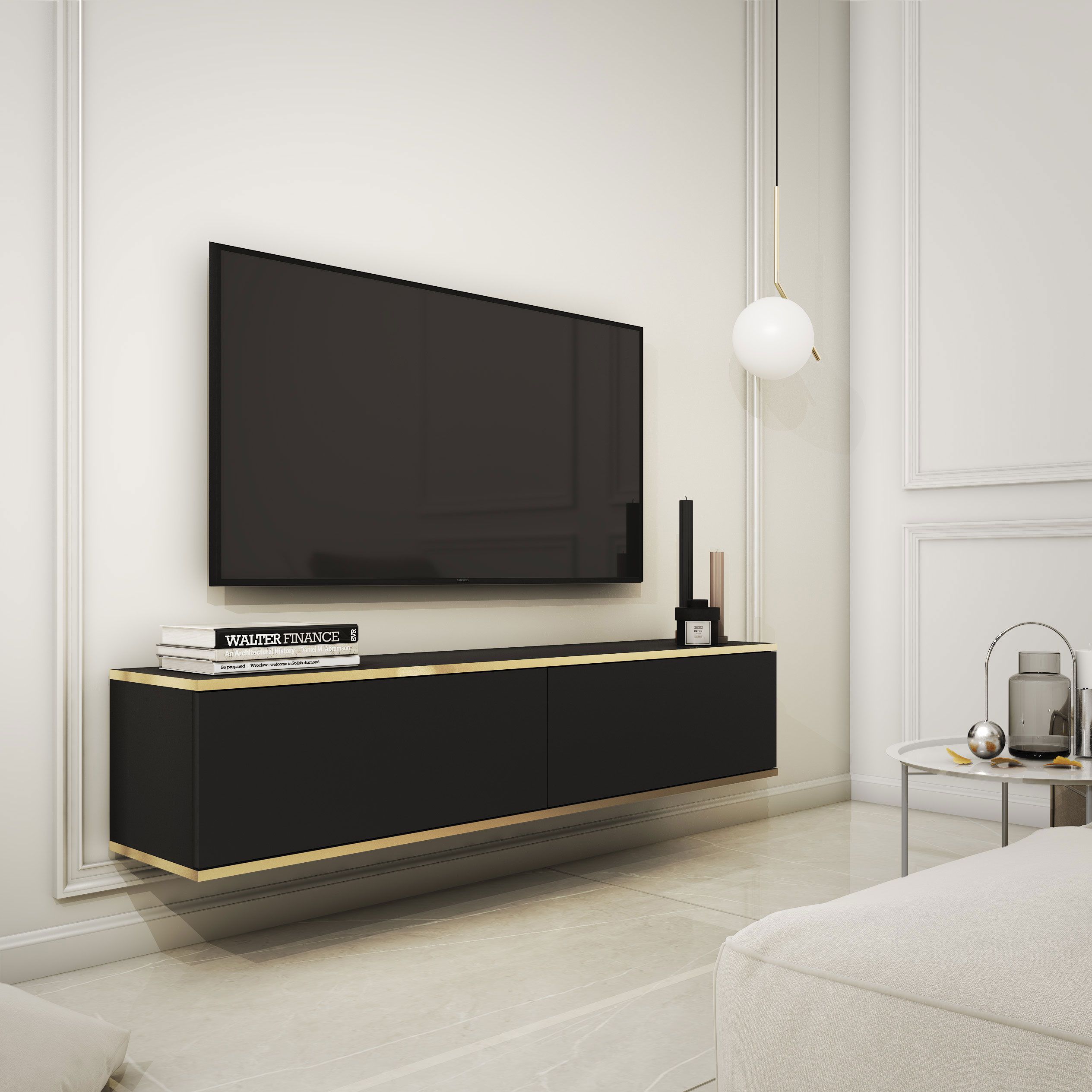 Eleganter TV-Unterschrank mit Push-to-open Funktion Horsham 09, Farbe: Schwarz - Abmessungen: 30 x 135 x 32 cm (H x B x T)