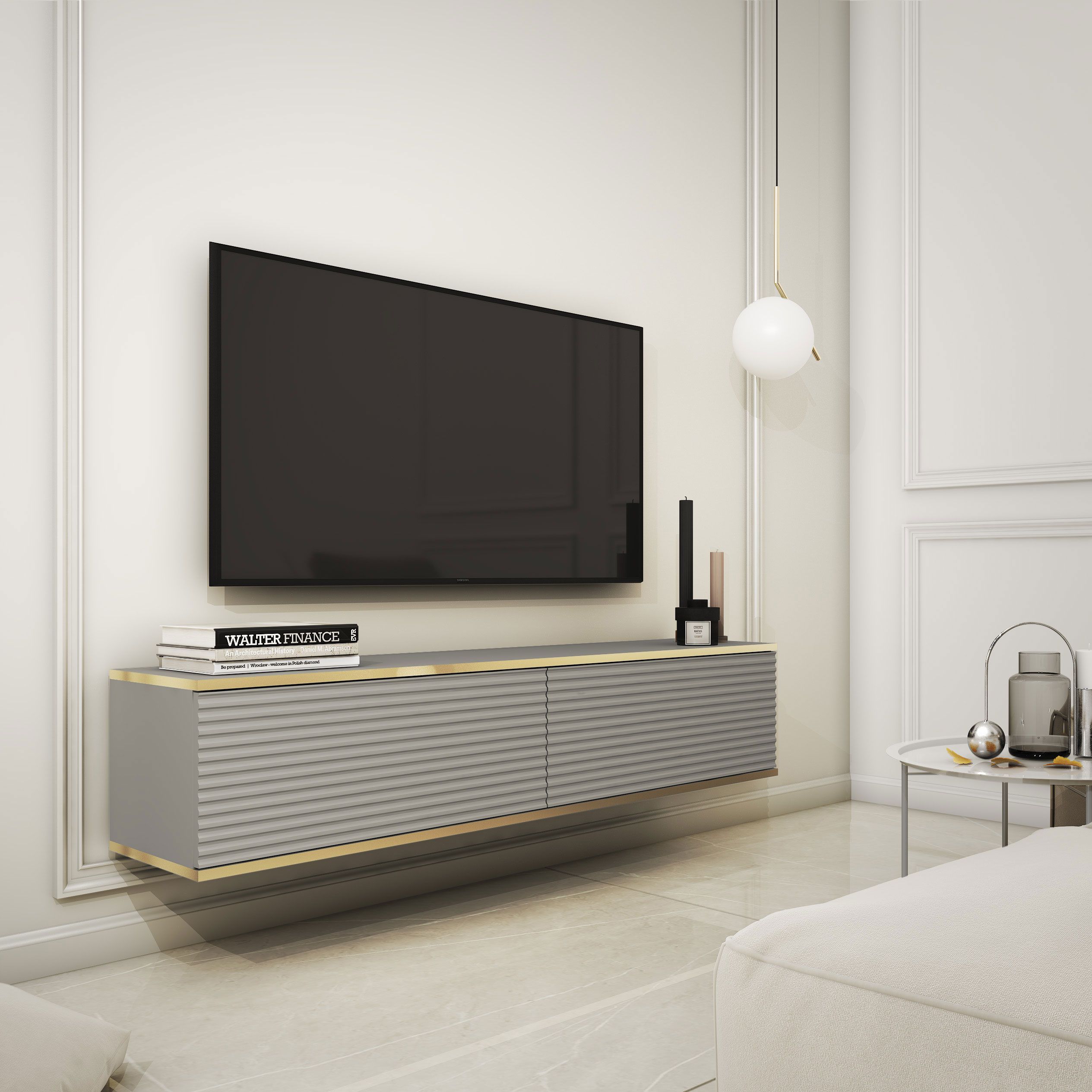 Elegantes TV-Möbel mit zwei Kippfächer Horsham 04, Farbe: Grau - Abmessungen: 30 x 135 x 32 cm (H x B x T)