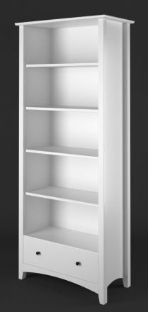 Weißes schmales Bücherregal mit 5 Fächern Lagopus 102, Kiefer Vollholz, 1 Schublade, 200 x 60 x 42 cm, schwarze Griffe, elegantes Design
