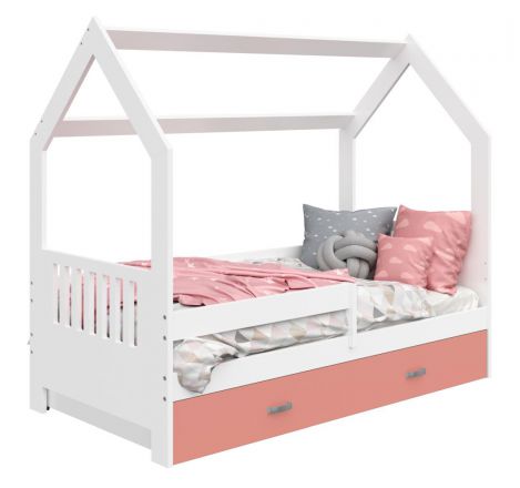 Kinderbett / Hausbett Kiefer Vollholz massiv weiß lackiert D3E, Schublade: Rosa, inkl. Lattenrost - Liegefläche: 80 x 160 cm (B x L)