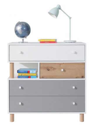 Jugendzimmer - Kommode Burdinne 11, Farbe: Weiß / Eiche / Grau - Abmessungen: 90 x 90 x 40 cm (H x B x T)