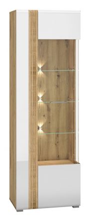 Vitrine Tullahoma 02, Glastür rechts, Farbe: Eiche / Weiß Glanz - Abmessungen: 196 x 65 x 42 cm (H x B x T), mit 1 Tür und 6 Fächern
