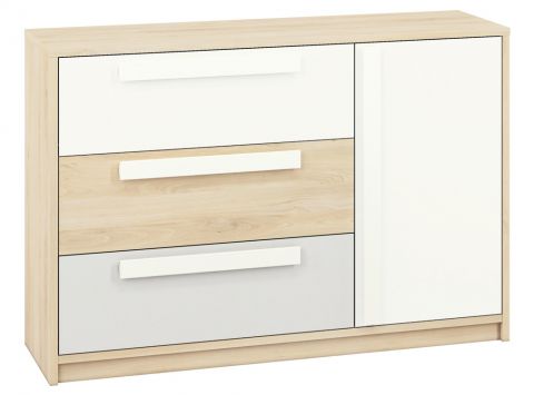Jugendzimmer - Kommode Greeley 08, Farbe: Buche / Weiß / Hellgrau - Abmessungen: 93 x 138 x 40 cm (H x B x T), mit 1 Tür, 3 Schubladen und 2 Fächern